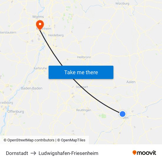 Dornstadt to Ludwigshafen-Friesenheim map