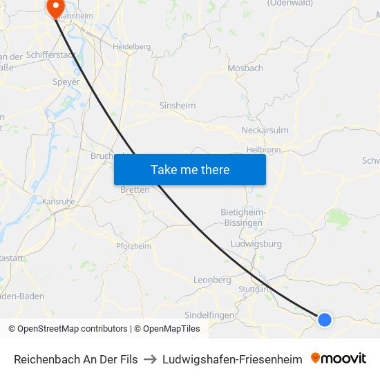 Reichenbach An Der Fils to Ludwigshafen-Friesenheim map
