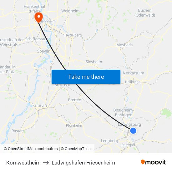 Kornwestheim to Ludwigshafen-Friesenheim map