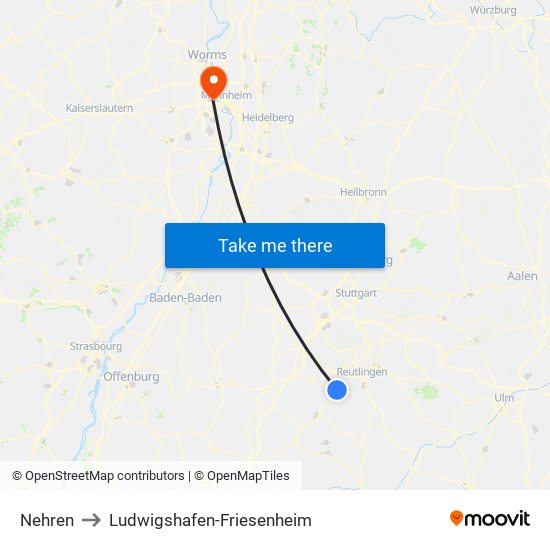Nehren to Ludwigshafen-Friesenheim map