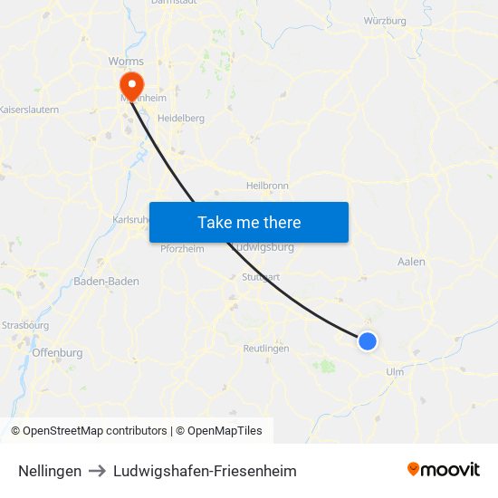 Nellingen to Ludwigshafen-Friesenheim map