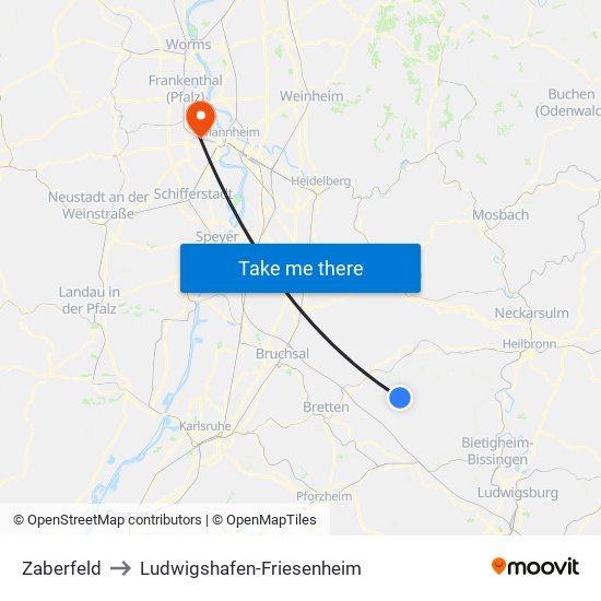 Zaberfeld to Ludwigshafen-Friesenheim map