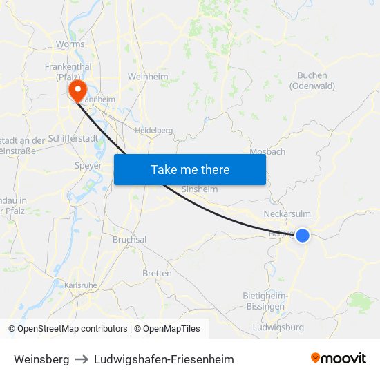 Weinsberg to Ludwigshafen-Friesenheim map