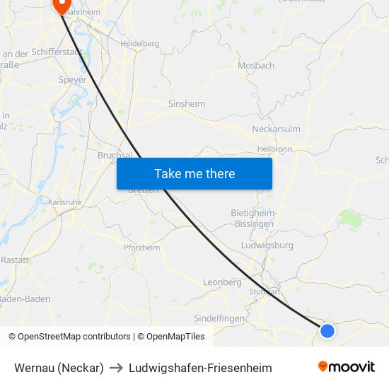 Wernau (Neckar) to Ludwigshafen-Friesenheim map