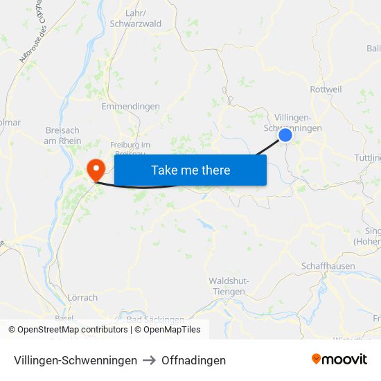 Villingen-Schwenningen to Offnadingen map