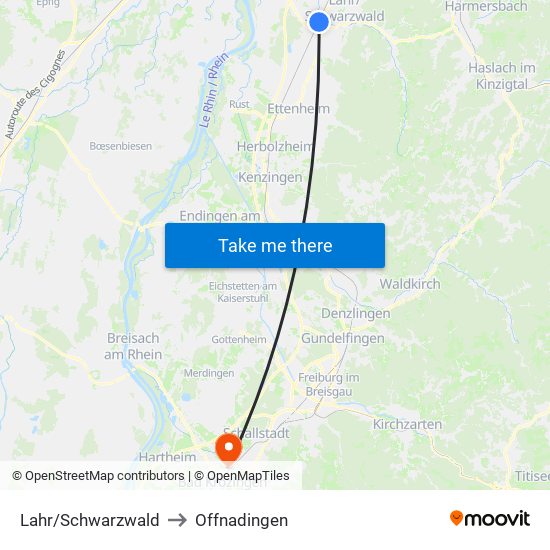 Lahr/Schwarzwald to Offnadingen map