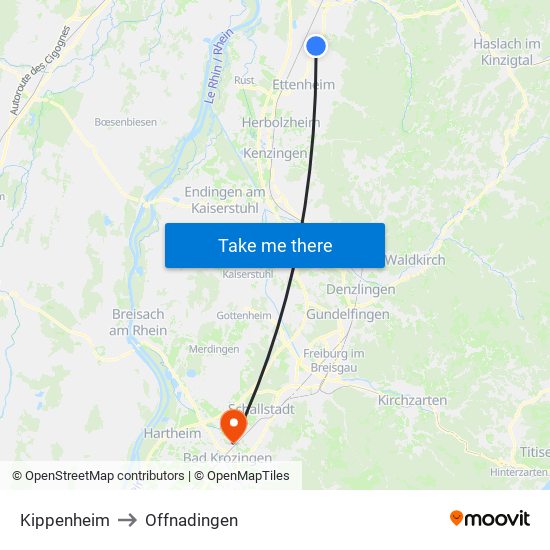 Kippenheim to Offnadingen map