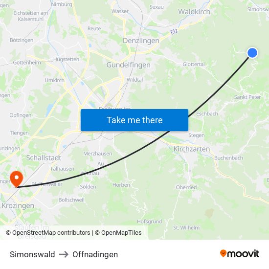 Simonswald to Offnadingen map