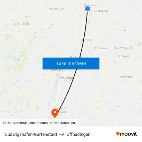 Ludwigshafen-Gartenstadt to Offnadingen map