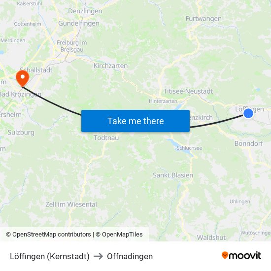 Löffingen (Kernstadt) to Offnadingen map