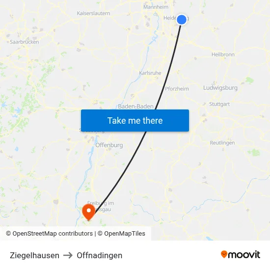 Ziegelhausen to Offnadingen map