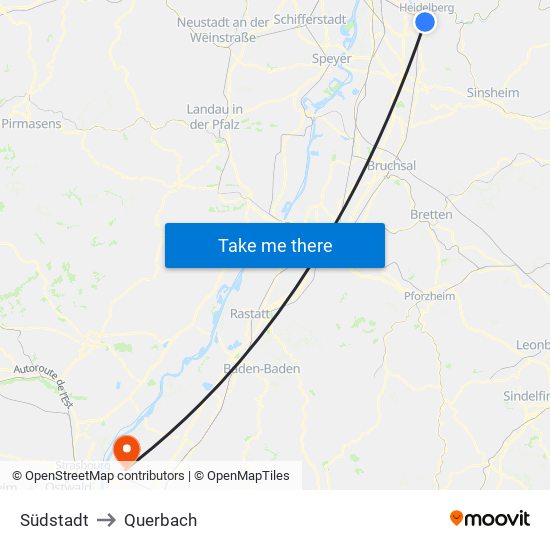 Südstadt to Querbach map