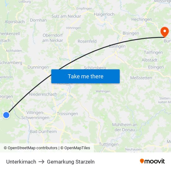 Unterkirnach to Gemarkung Starzeln map