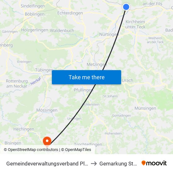 Gemeindeverwaltungsverband Plochingen to Gemarkung Starzeln map