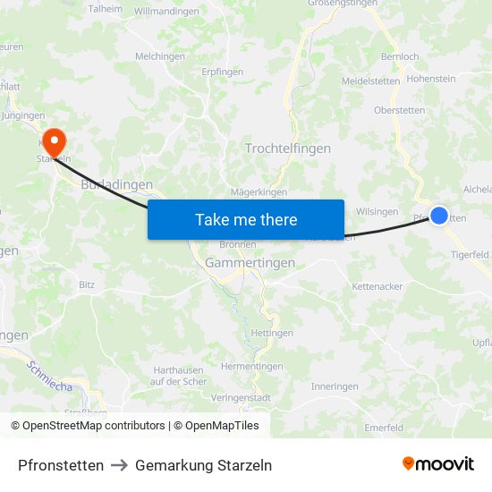 Pfronstetten to Gemarkung Starzeln map