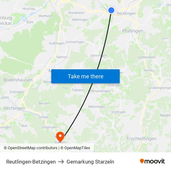 Reutlingen-Betzingen to Gemarkung Starzeln map