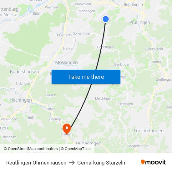 Reutlingen-Ohmenhausen to Gemarkung Starzeln map