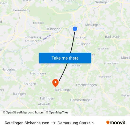 Reutlingen-Sickenhausen to Gemarkung Starzeln map