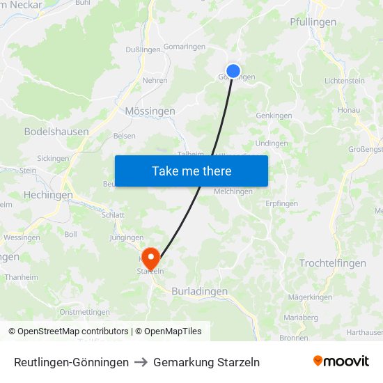 Reutlingen-Gönningen to Gemarkung Starzeln map