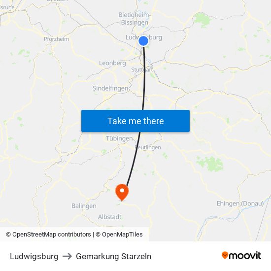 Ludwigsburg to Gemarkung Starzeln map