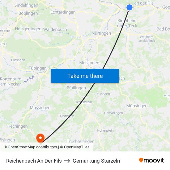 Reichenbach An Der Fils to Gemarkung Starzeln map