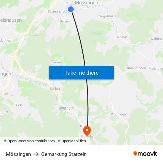 Mössingen to Gemarkung Starzeln map