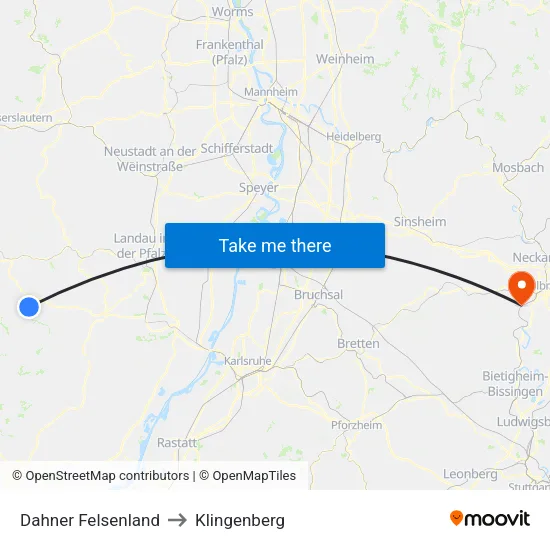 Dahner Felsenland to Klingenberg map