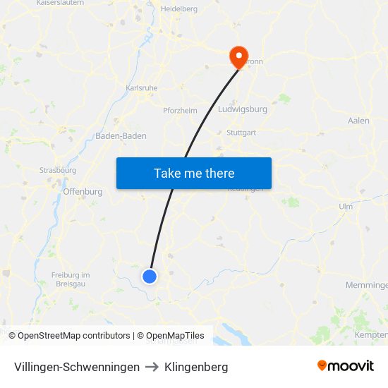 Villingen-Schwenningen to Klingenberg map