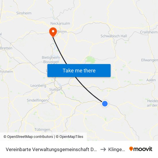 Vereinbarte Verwaltungsgemeinschaft Der Stadt Göppingen to Klingenberg map