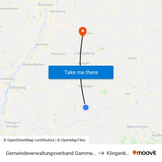 Gemeindeverwaltungsverband Gammertingen to Klingenberg map