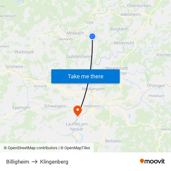 Billigheim to Klingenberg map