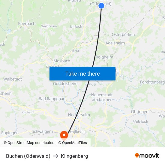 Buchen (Odenwald) to Klingenberg map