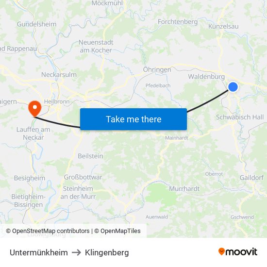 Untermünkheim to Klingenberg map