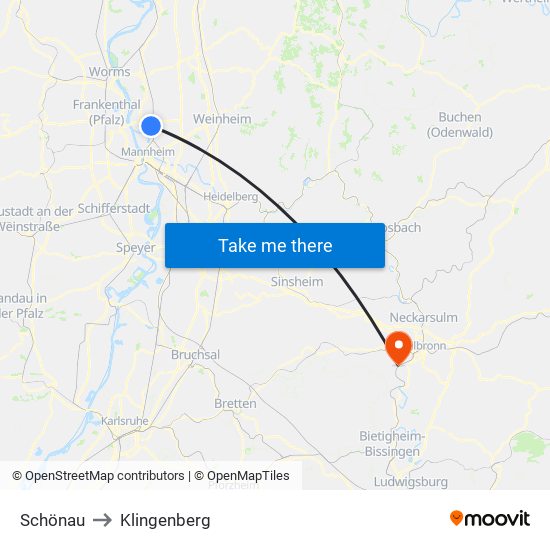 Schönau to Klingenberg map