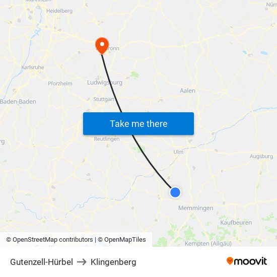 Gutenzell-Hürbel to Klingenberg map