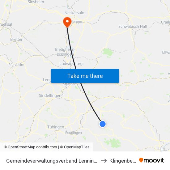 Gemeindeverwaltungsverband Lenningen to Klingenberg map