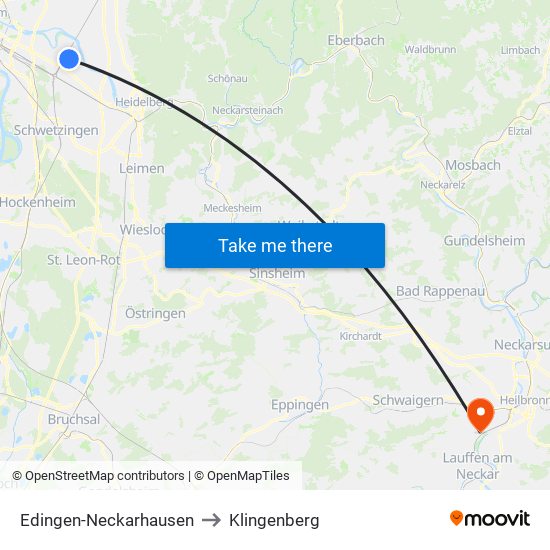 Edingen-Neckarhausen to Klingenberg map