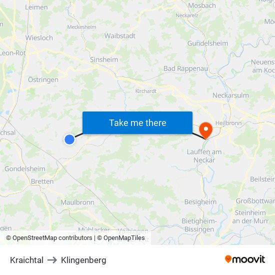 Kraichtal to Klingenberg map