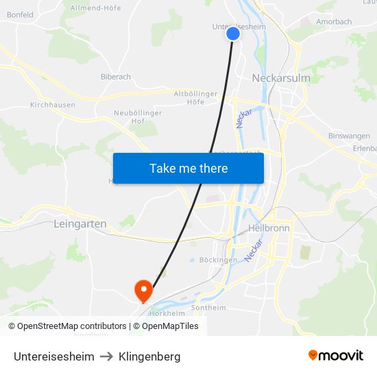 Untereisesheim to Klingenberg map