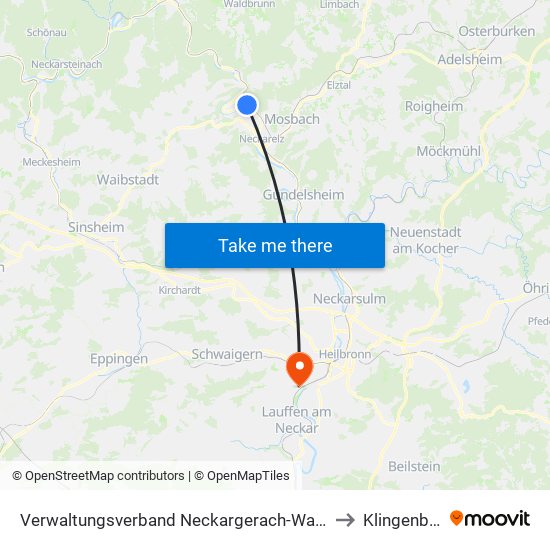 Verwaltungsverband Neckargerach-Waldbrunn to Klingenberg map