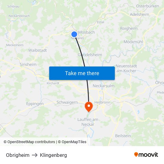Obrigheim to Klingenberg map