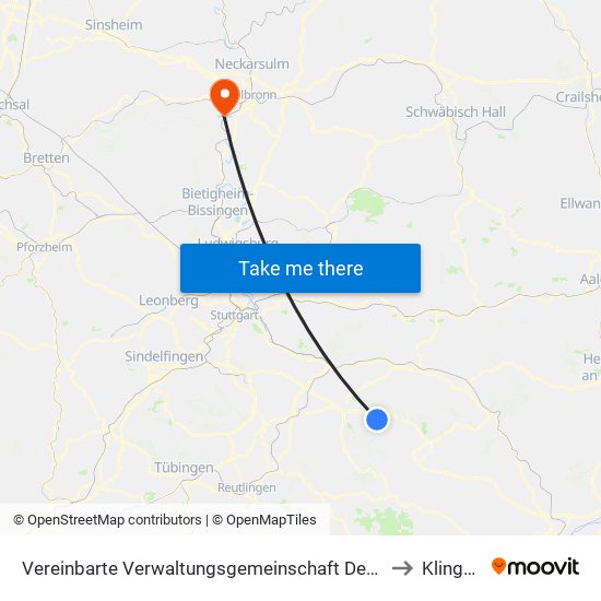 Vereinbarte Verwaltungsgemeinschaft Der Stadt Weilheim An Der Teck to Klingenberg map