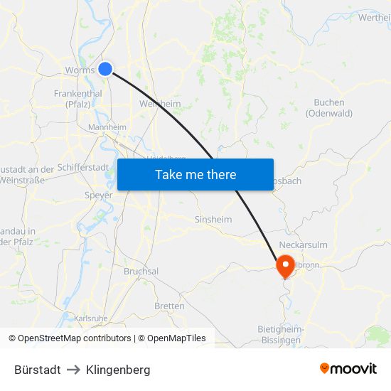 Bürstadt to Klingenberg map