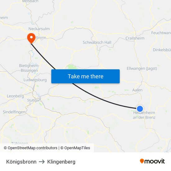 Königsbronn to Klingenberg map