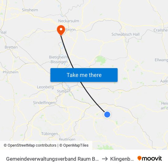 Gemeindeverwaltungsverband Raum Bad Boll to Klingenberg map