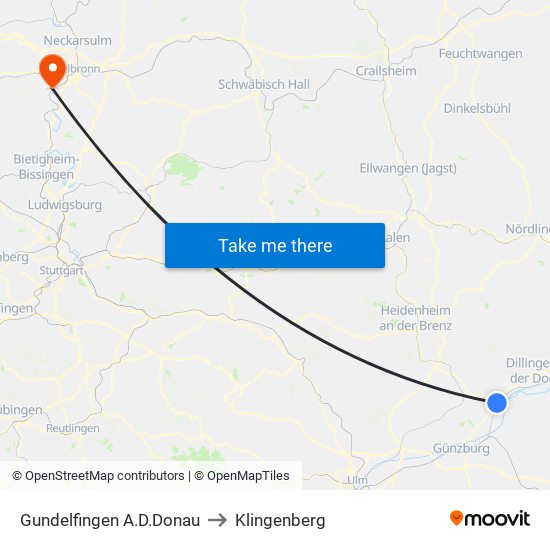 Gundelfingen A.D.Donau to Klingenberg map