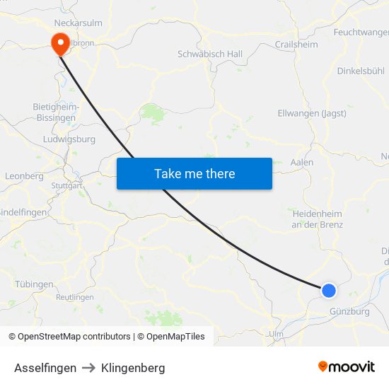 Asselfingen to Klingenberg map