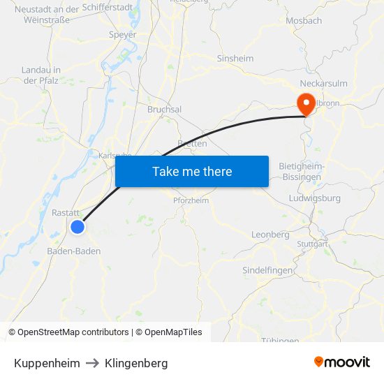 Kuppenheim to Klingenberg map