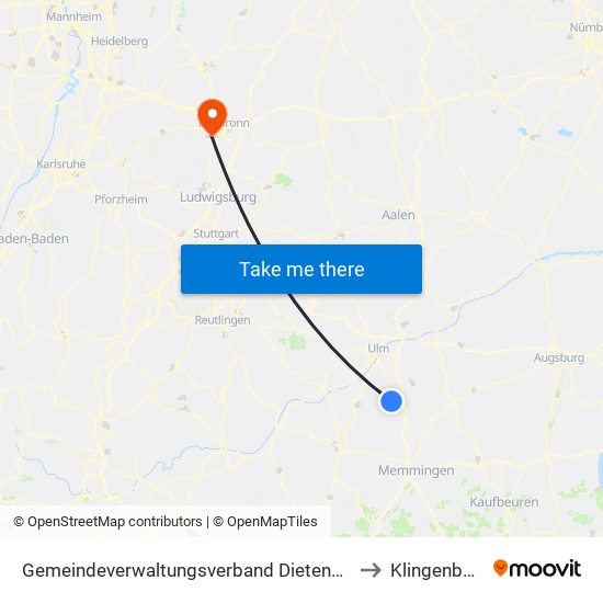 Gemeindeverwaltungsverband Dietenheim to Klingenberg map