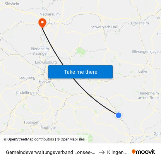 Gemeindeverwaltungsverband Lonsee-Amstetten to Klingenberg map